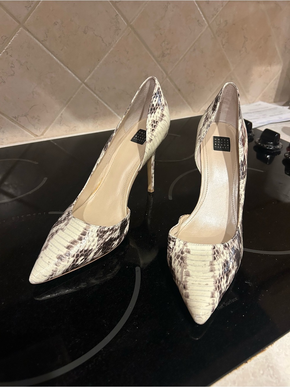 White House Black Market Snake-Print Pointed Toe Pumps in Cream and Brown